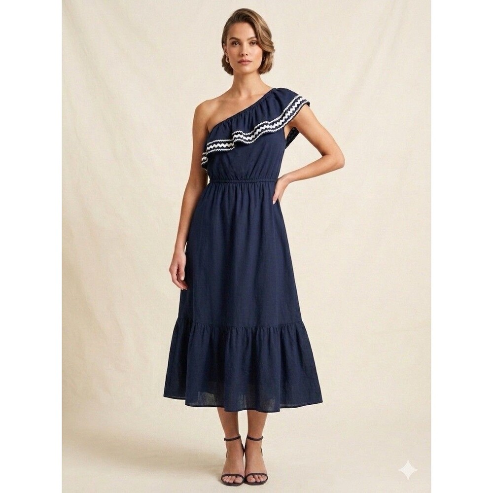 J.Crew One Shoulder Dress Womens L Navy Blue Linen Blend Coastal Rickrack Midi